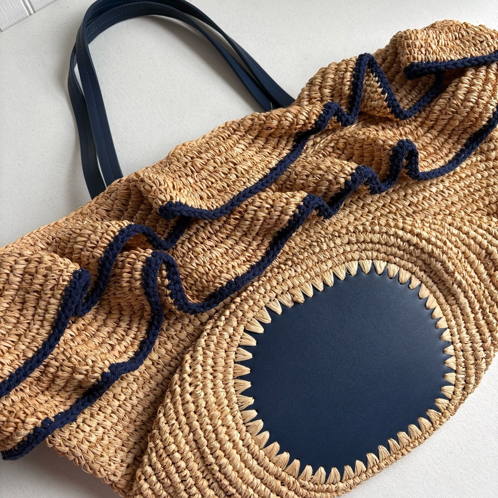 Mark & Graham Tan and Blue Raffia Ruffle Tote Bag NWOT Beach Pool Bag - Picture 5 of 13